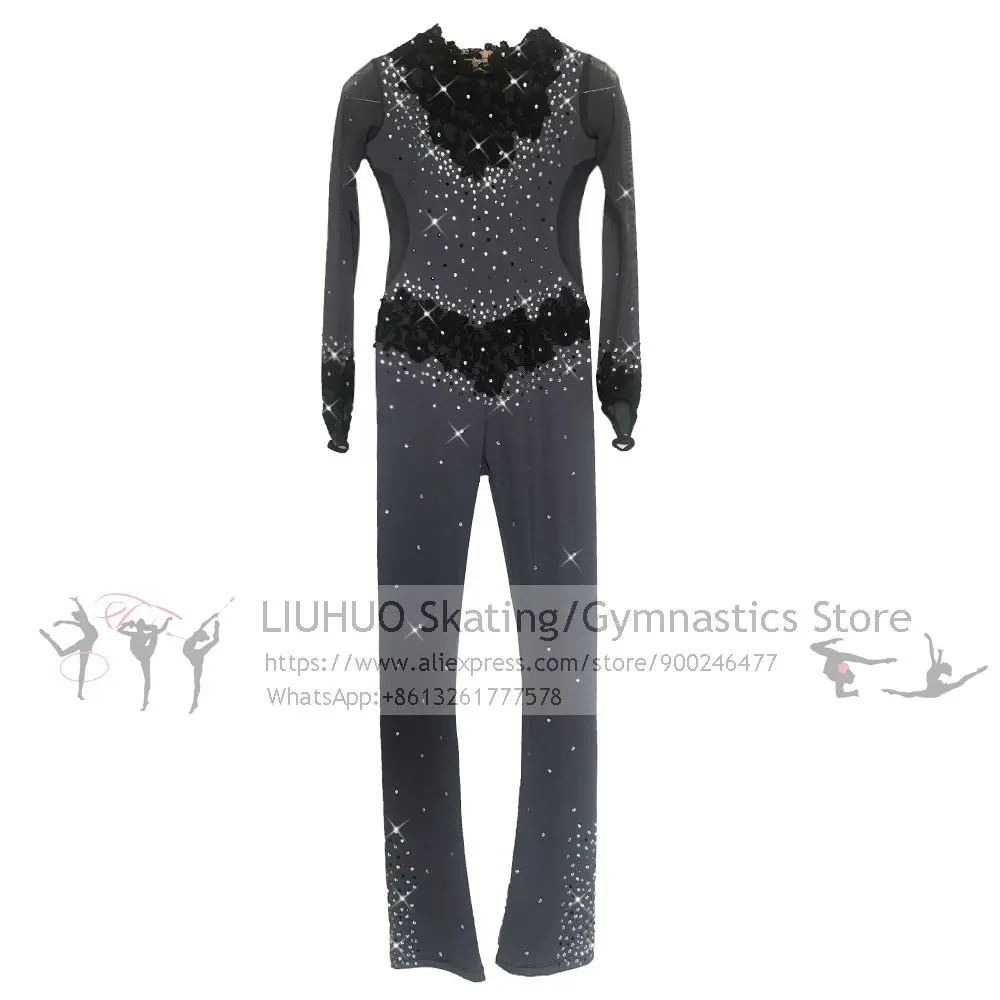 Figure Skating Jumpsuit Girls Women Ice Skating Catsuit for Girl Women Kids Customized Dark Grey Dance Costumes Spandex