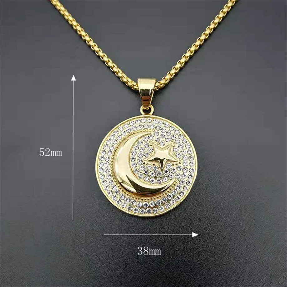 Hip Hop Iced Out Crescent Moon and Star Pendant Stainless Steel Round Muslim Necklace for Women Men Islam Jewelry Dropshipping