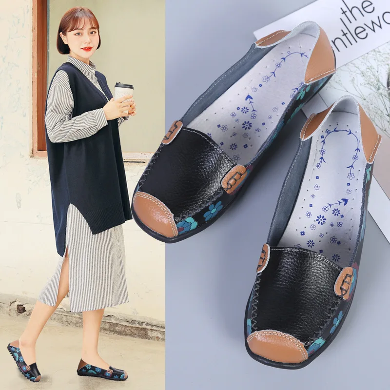 2021 New Two-layer Real Cowhide Printed Women's Single Shoes Flat Casual Women's Shoes Mother's Shoes Comfortable Casual Shoes