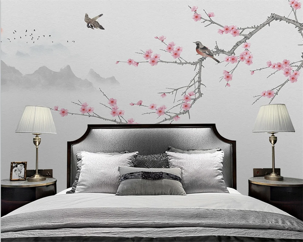 beibehang Customized modern plum blossom hand-painted bird new Chinese background wallpaper wall papers home decor