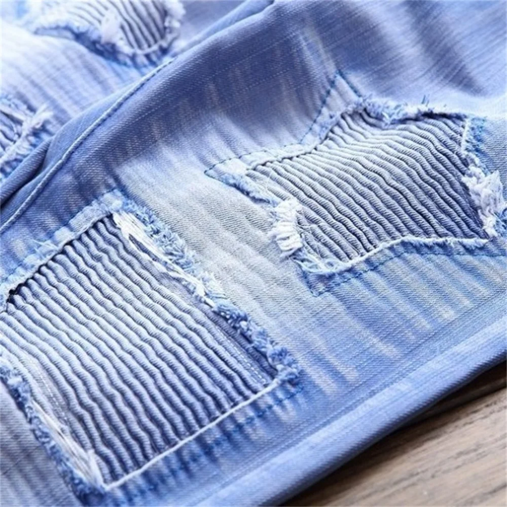 EH · MD® High Elastic Bleached Blue Jeans Men's Wavy Wrinkled Hole Patch Cotton Soft Small Straight High Street Slim Pants 2020