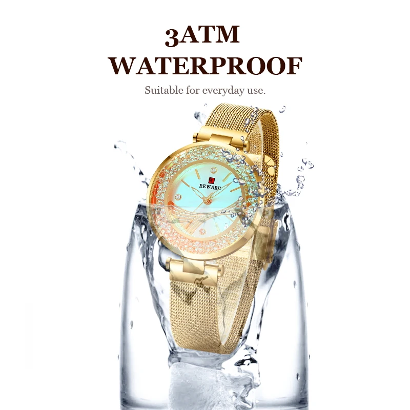 REWARD Rotation Diamond Fashion New Women Watches Glowing Dial Mesh Strap Quartz Japan Movement Waterproof Wristwatches