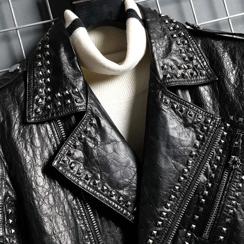 Punk Style Outerwear Rivets Zipper Motorcycle Biker Jacket Men Turn-Down Collar Genuine Leather Cowhide Coat Mens Short Jackets