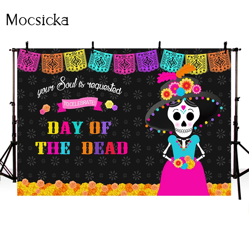 Day Of The Dead Photography Background Mexican Marigold Skull Backdrop Dress-Up Party Fiesta Banner Decoration For Photo Studio