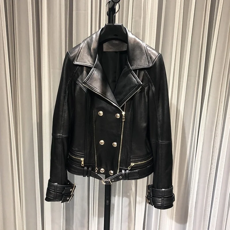 Designer Brand Women Buttons Belted Biker Sheepskin Genuine Leather Jacket Female Slim Fit Motorcycle Boyfriend Style Punk Coat