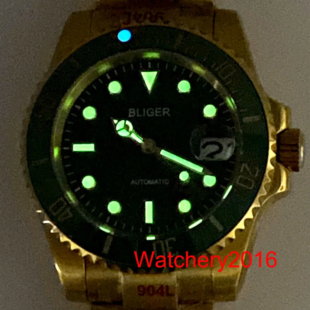 40mm Bliger Green Dial Sapphire Glass Full Gold Luminous Ceramic Bezel NH35 Miyota 8215 PT5000 Automatic Movement Men's Watch