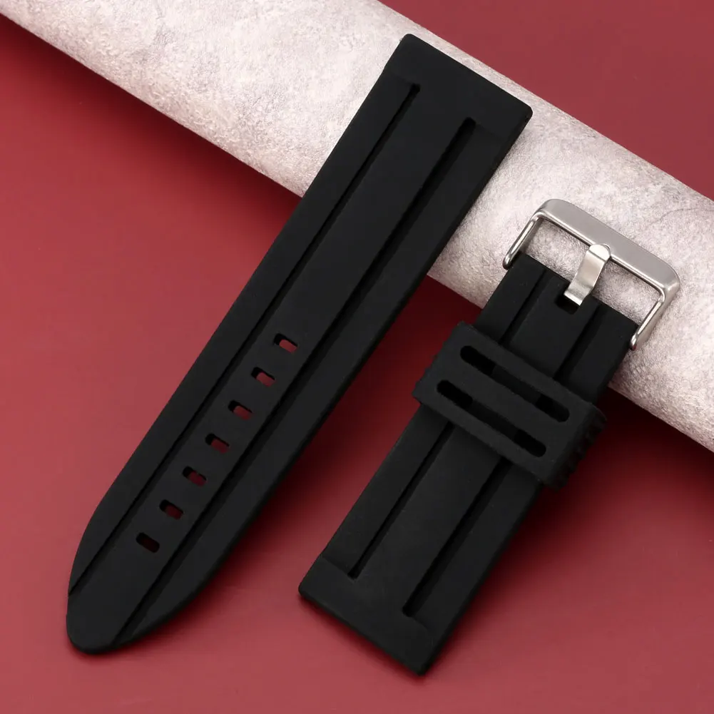 28mm 30mm Black Silicone Watchband Men's Pin Buckle Strap 7 Holes Silica Gel Watches Straps Practical Replacement Bracelet Man