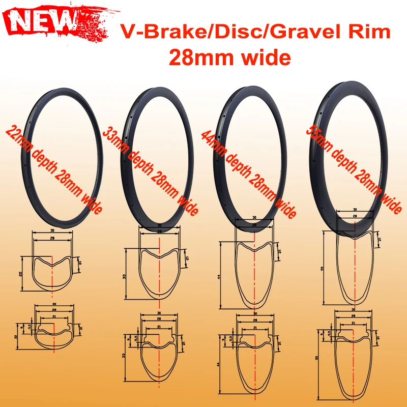 700C 22mm 33mm 44mm 55mm deep 28mm wide carbon rims for V brake disc brake and gravel tubular clincher