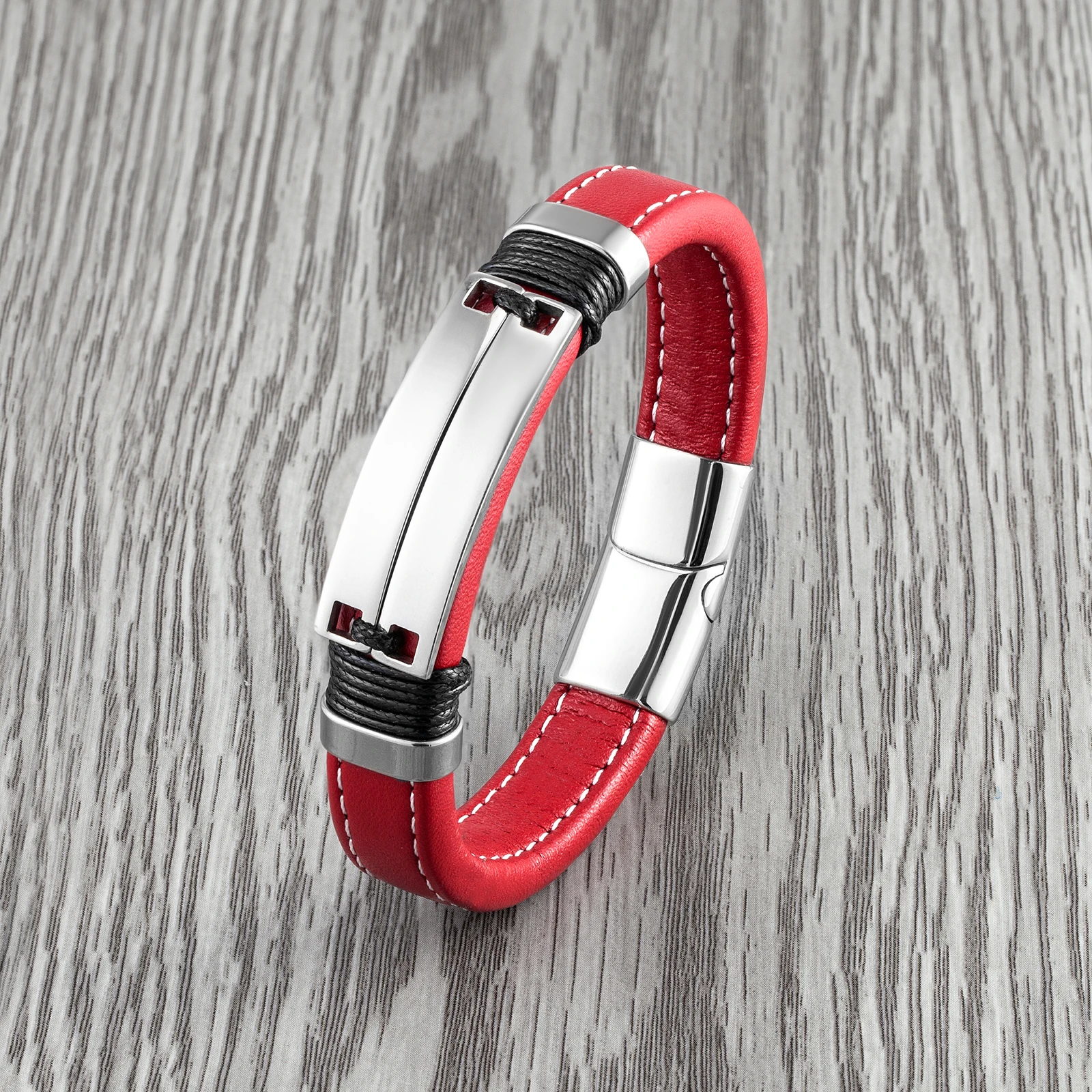 Double Row Glossy Stainless Steel Trendy Cool Jewelry Unisex Couple Punk Bracelet Charm Wide Leather Red Bracelet