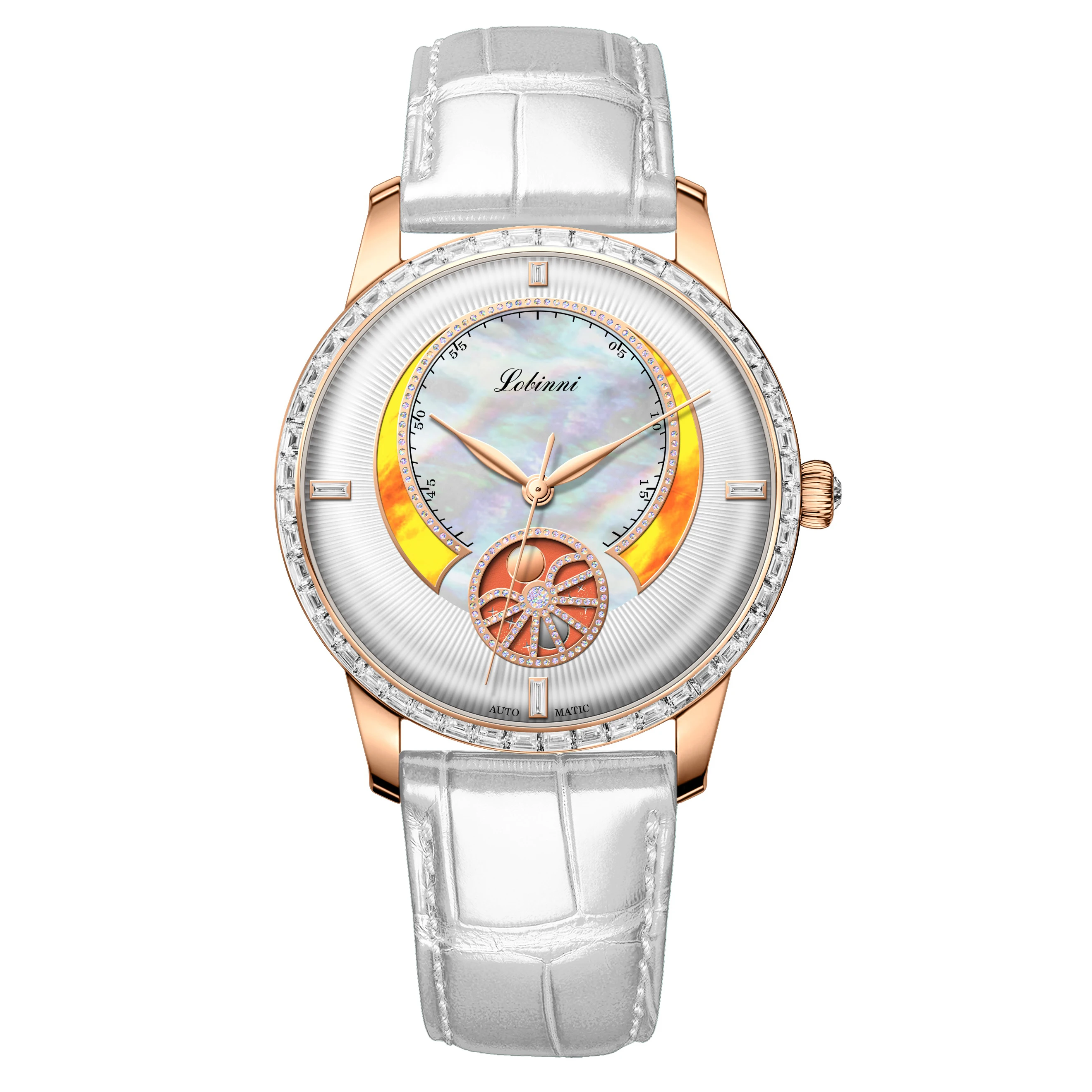 LOBINNI Women Automatic Watch Ladies Meachanical WristWatch Luxury Waterproof Austria Crystal Sapphire Pearl Dial Sun Moon Dial