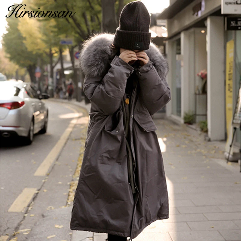 Hirsionsan Winter Coat Women Large Fur Collar Hooded Long Jacket Thicken Warm Korean Padded Parkas 2018 Oversized Military Parka