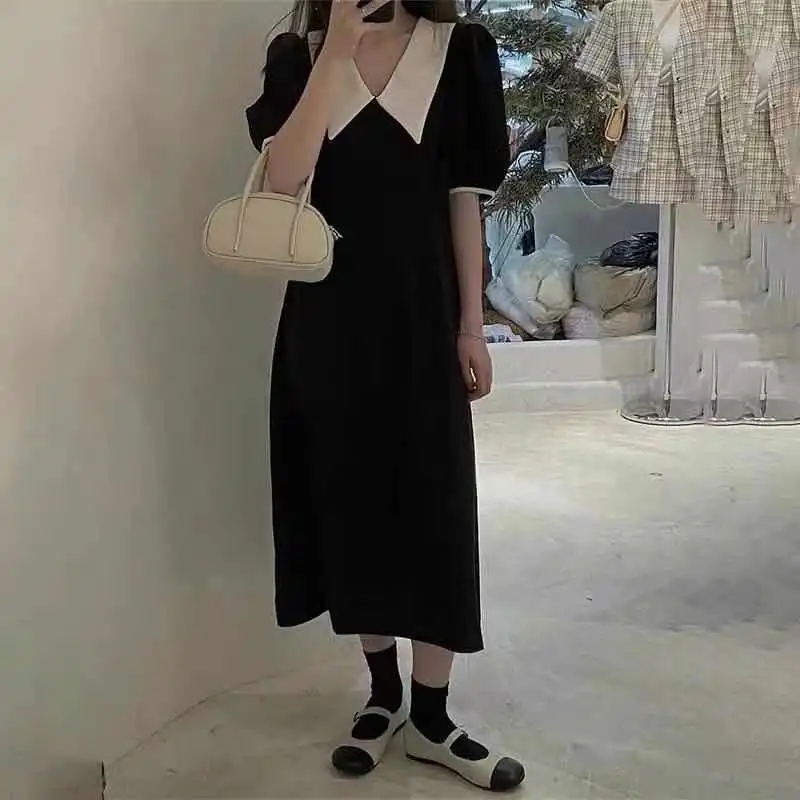 Black Dress Women Harajuku Simple Clothes Mujer Midi A-LINE Retro Summer Temperament Peter Pan Collar High Waist Vestidos Classy