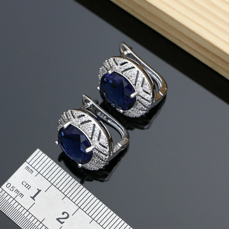 Blue Sapphire 925 Silver Jewelry Sets Gemstone Hoop Earrings Women Wdding Fine Jewellry Necklace Set Dropshipping image 2