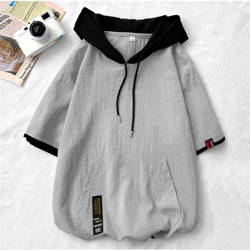 Summer Men\'s Ice Silk Short-sleeved Hooded Sweatshirt Loose Pullover Top Male Streetwear Hoodie Sudaderas Con Capucha