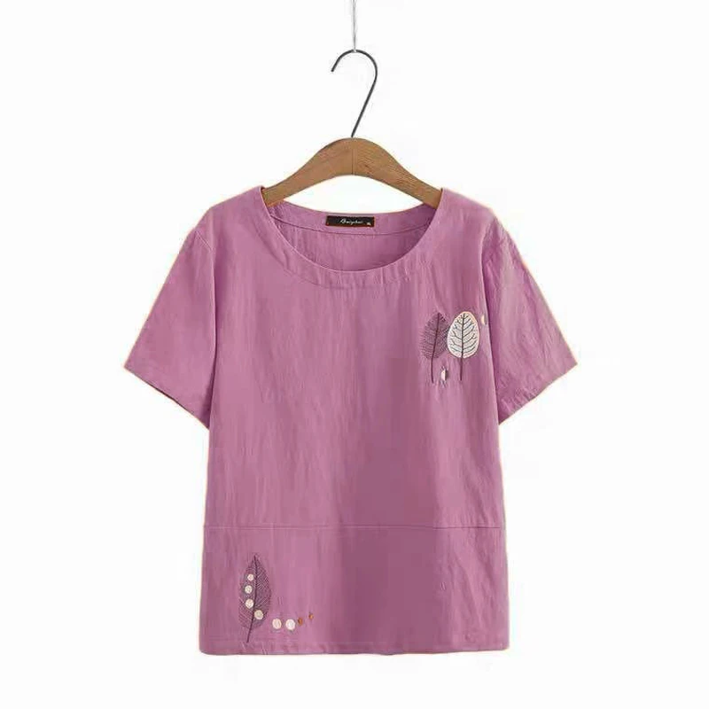 Cotton Linen Summer Blouse Women Tunics Short Sleeve Embroidery Ladies Tops Shirts Soild Color Tee Shirts Loose Casual