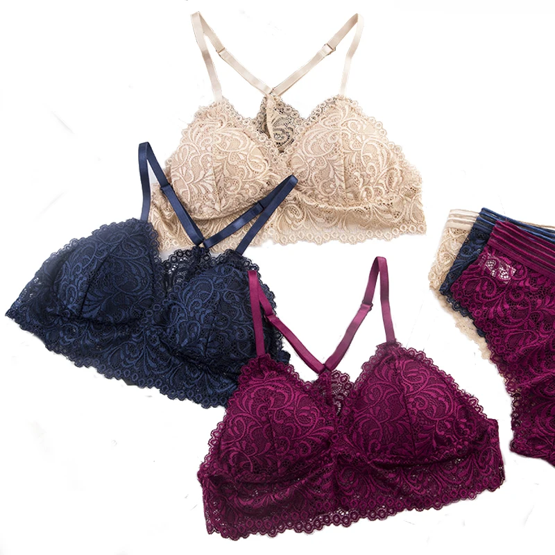 Wire Free Bra Set Lace Top Lingerie Sets Soft Women Bralette Tops Cross Back Underwea Bra and Panty Set  Sport Push Up Bilizna