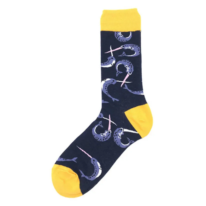 Fashion 1 Pair Men Socks Combed Cotton Cartoon Animal Bird Shark Zebra Corn Watermelon Sea Food Geometric Novelty Funny Socks