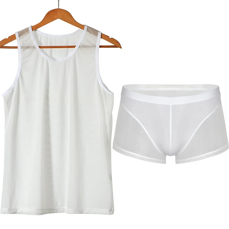 

Men Undershirts Sets Sexy Mesh Transparent Breathable Underwear Tank Tops Boxer Shorts Sleepwear Shirts Trunks Nightwear Suits