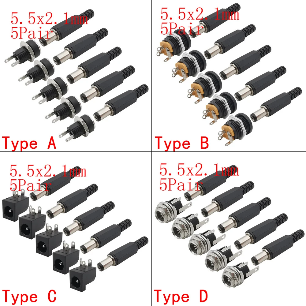 5Pairs 5.5 x 2.1mm DC Power Male Plug + Female Jack Socket Connectors Screw Nut Panel Mount Adapter 5.5*2.1 mm 12V 3A DC022