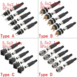 5Pairs 5.5 x 2.1mm DC Power Male Plug + Female Jack Socket Connectors Screw Nut Panel Mount Adapter 5.5*2.1 mm 12V 3A DC022