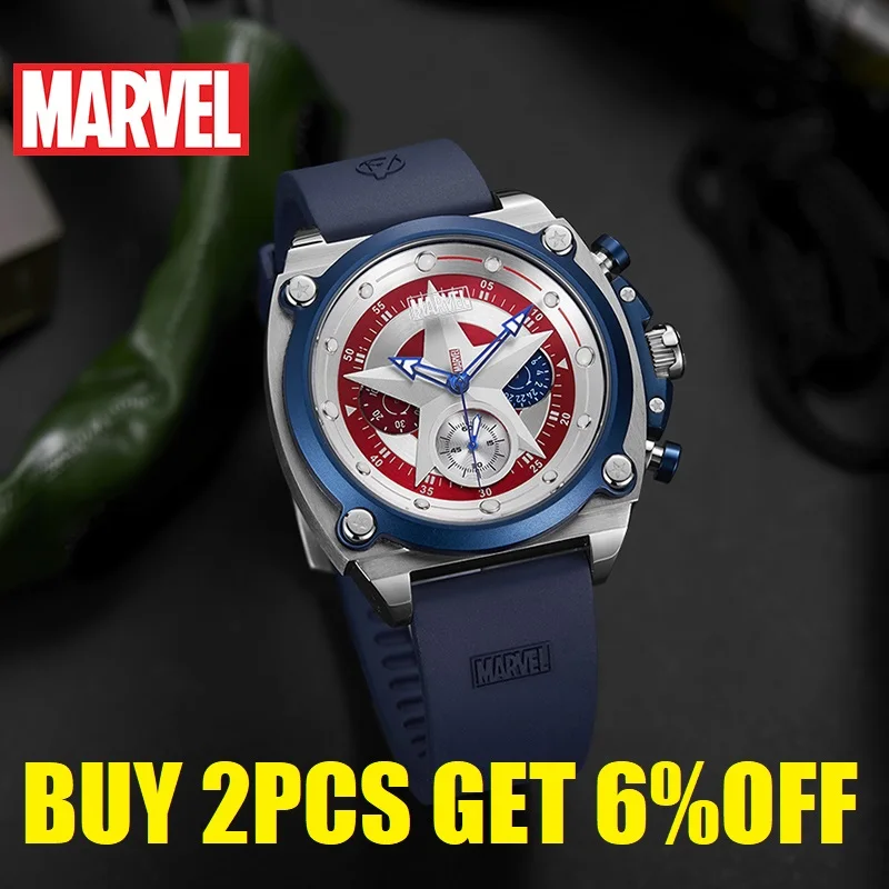 Marvel For Mens Watches Captain America Chronograph Quartz Coated Glass Leather Male New WristWatch Avengers Multiple Time Zone