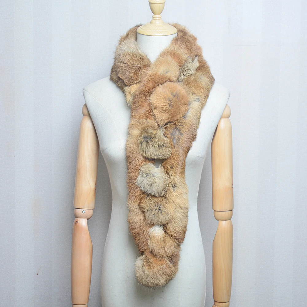 Women Winter Rabbit Fur Scarf 100% Natural Rabbit Fur Fashion warm And Soft Neckerchief Wholesale Pompoml Fur Scarves Headbands