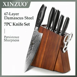 XINZUO 7PCS Kitchen Knives Set Japanese VG10 Damascus Steel Chef Utility Santoku Paring Knife Scissors Knife Block Holder Set