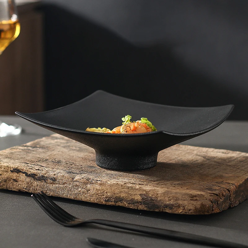 Matte Dinner Plates, Square Dishes, Black Ceramic Plate, Household Tableware, Retro Grilled Meat Dish, 7.5 Inches