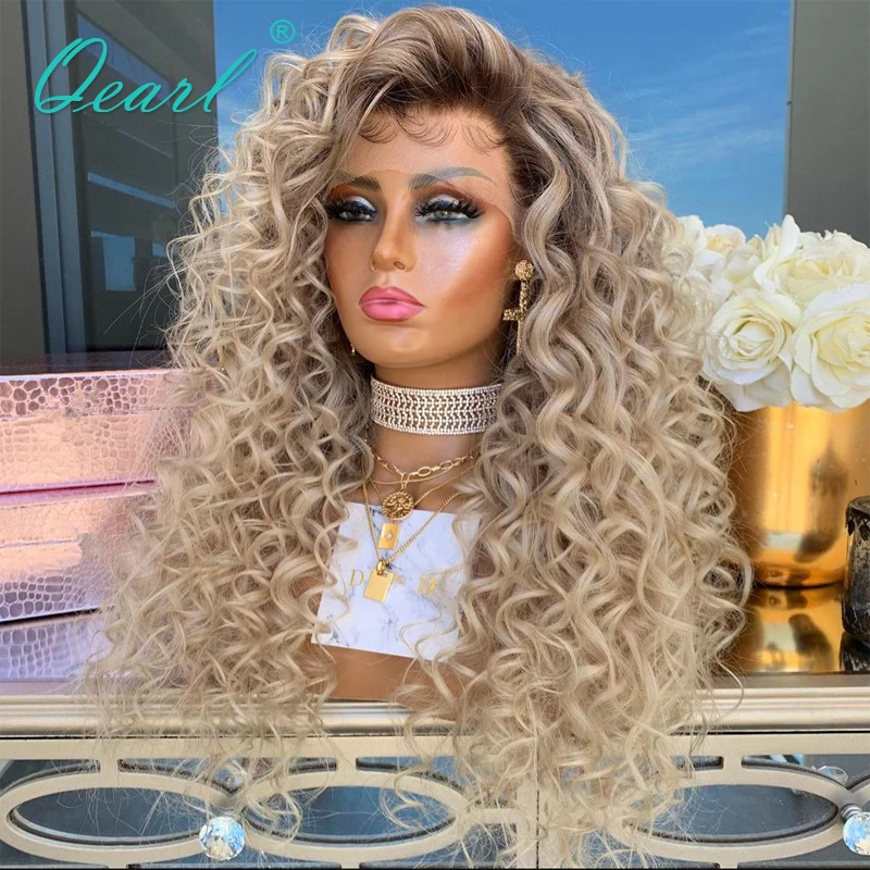 Ash Blonde Wigs Human Hair Loose Deep Curly HD Full Lace Wig for Women Brown Roots Brazilian Virgin Natural Sale Wig 180% Qearl