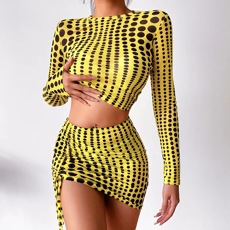 

Two Piece Set Skirt Bodycon Print Polka Dot Crop Top Transparent Drawstring Mini Dress Outfits Women Long Sleeve Sexy Party Suit