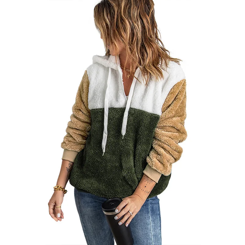 Contrast Color Sweatshirt Women's Autumn and Winter Zipper Half Cardigan Long Sleeve Hooded Sweater Women