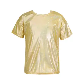 Metallic Shiny Dance T-Shirt for Kids 4 Kids Boys Girls Metallic Shiny T-shirts Top Stretchy Bright Blouse Dancewear Sparkly Jazz Hip Hop Modern Dance Tops Performance 4