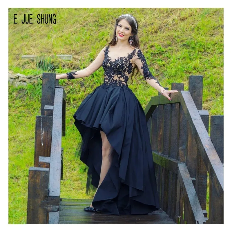 

E JUE SHUNG Charming Black Wedding Dresses Sheer O Neck Long Sleeves Lace Appliques High Low Bridal Gowns