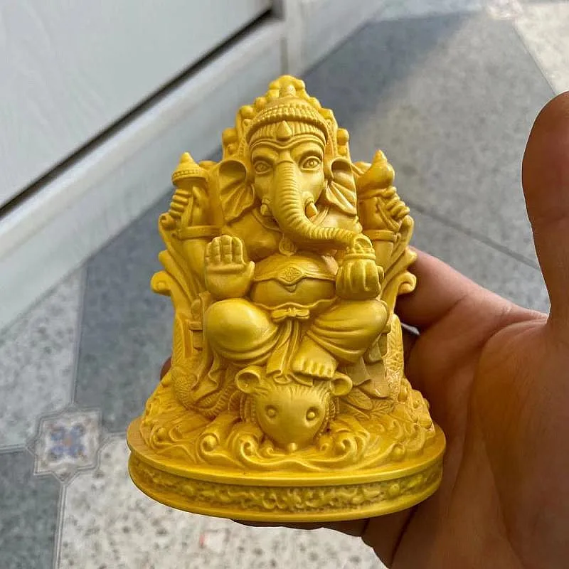 

11.5cm Ganesha Elephant Carving Quality Boxwood Indian Thailand Lifelike Lucky Blessing Handle Pieces Decorate Crafts