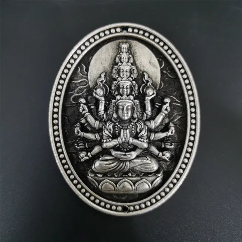 Chinese Old Tibetan Silver Relief Avalokitesvara Buddha Amulet Pendant Feng Shui Lucky Pendant