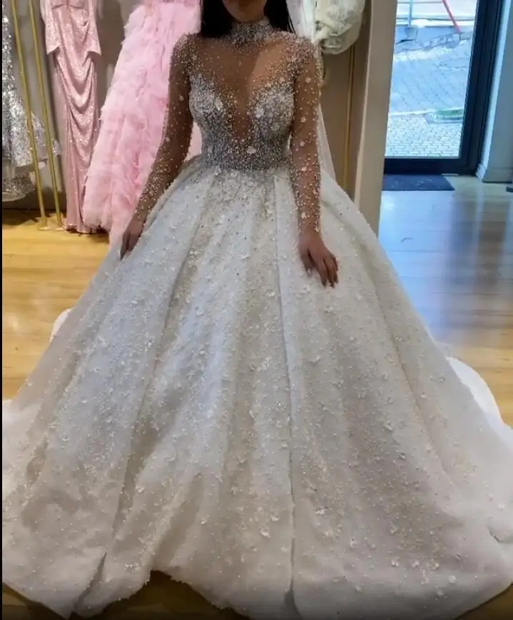 Customized 2021 Plus Size Arabic Aso Ebi Luxurious Sparkly Ball Gown Wedding Dresses Crystals Beaded High Neck Bridal Dresses Se