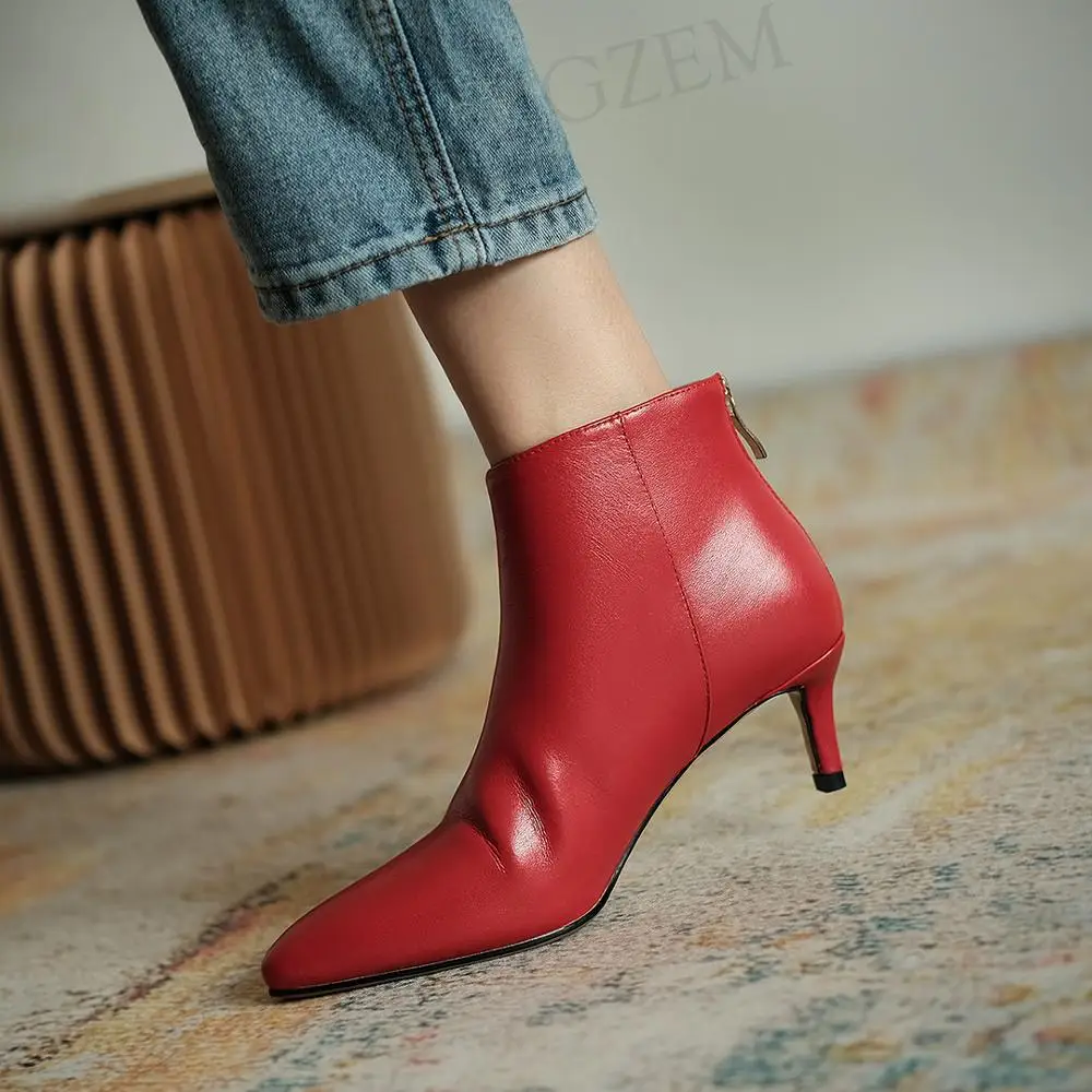 LAIGZEM SUPER Women Booties Kitten Heels Ankle Boots Real LEATHER Back Zip Ladies Shoes Woman Botas Mujer Big Size 33 38 39 43