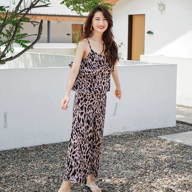 

S026 Summer pajamas ladies sling trousers two-piece sexy leopard rayon homewear pajamas set