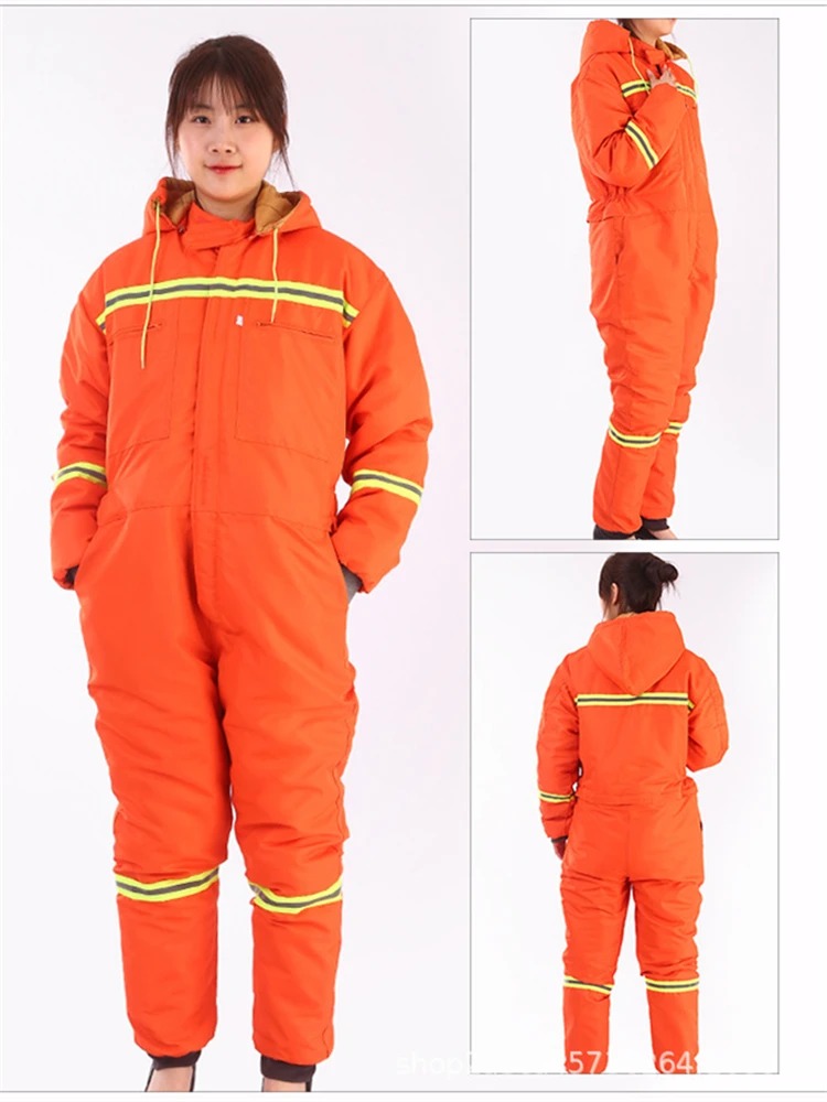 Women Winter Insulated Coveralls Warm Cotton Padded Hooded Work Overalls Thicken Cold Storage Jumpsuit Coats Long Sleeve