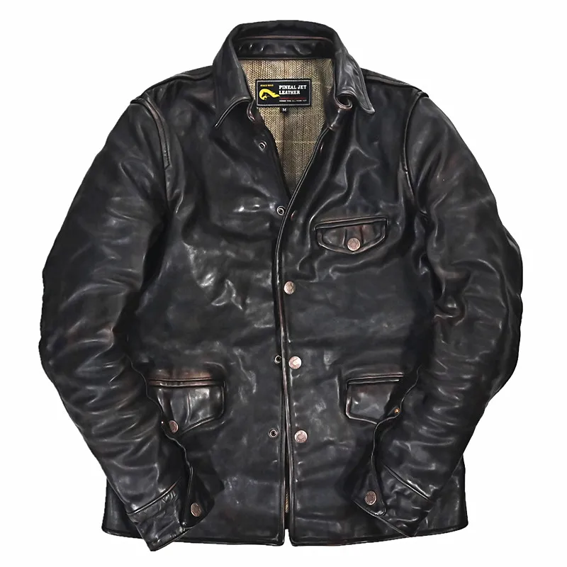 2022 Vintage Style Slim Tea Core Horsehide Jacket High Quality Genuine Leather Coat Men Classic Casual