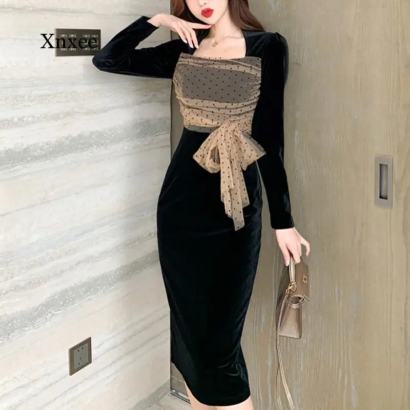 

Woman Elegant Black Velvet Slash Neck Long Sleeve Knee Length Dress Pencil Chic Vintage Mesh Polka Dot Wraped