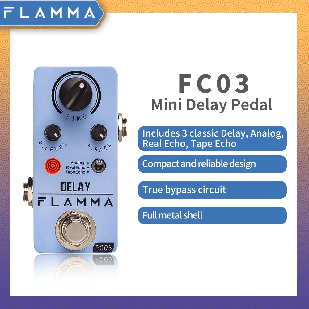 FLAMMA FC03 Guitar Delay Pedal Digital Guitar Pedal Delay Effects with 3 Modes Analog Real Echo Tape Echo