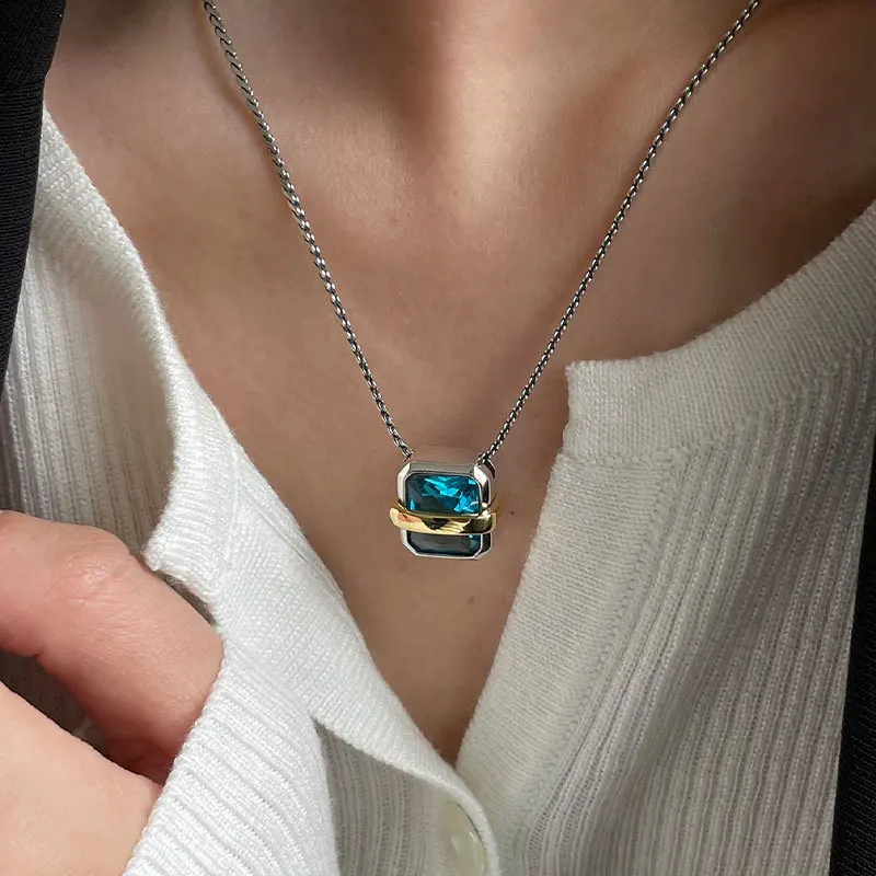 MEWANRY Silver Color Blue Zircon Necklace for Women Geometric Temperament Minimalist Chic Luxury Christmas Jewelry Gifts