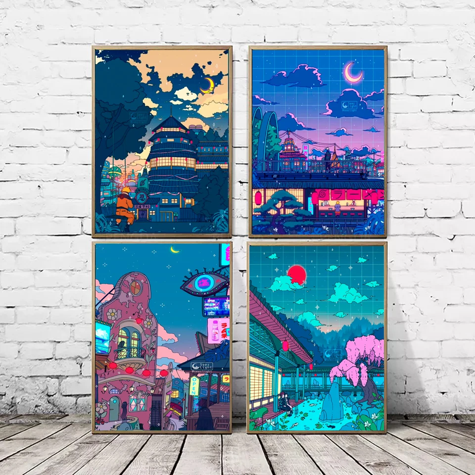 Canvas Art Cartoon Night Scene Street Scene HD Wall Poster Family Decoration Children's Room Wall Night Story Mural