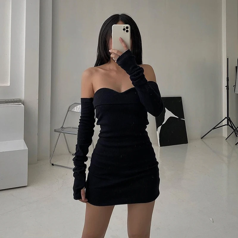 Elegant Off Shoulder Dress Women Long Sleeve Solid Basic Vestidos Black Bodycon Sexy Slash Neck Mini Dress Party Clothes