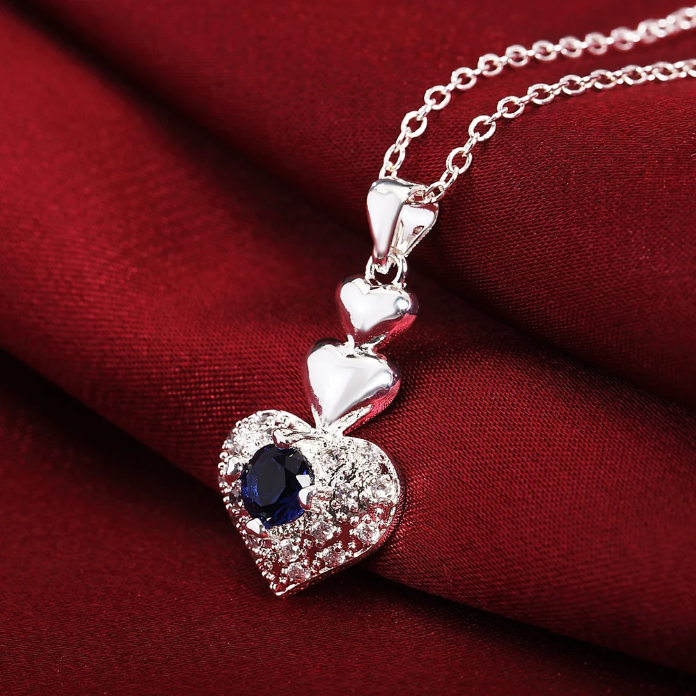 Hot Noble blue crystal heart 925 sterling Silver pendant necklace earring Jewelry sets for Woman classic fashion party fine gift