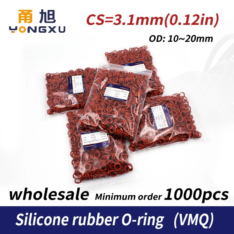 1000PCS/lot Red Silicon wholesale VMQ 3.1mm Thickness  OD10/11/12/13/14/15/16/17/18/19/20mm O Ring Seal Rubber Gasket Rings