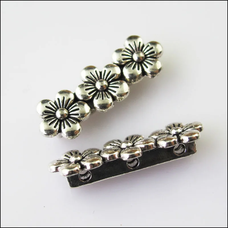 

10 New 3Holes Flower Bars Connectors Charms Tibetan Silver Tone Spacer Beads 9.5x26mm