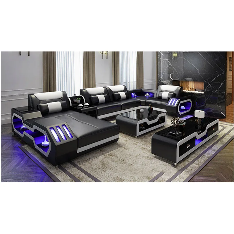 modern style  living room Genuine leather sofa  u shaped corner sofa design Led lighting ly001