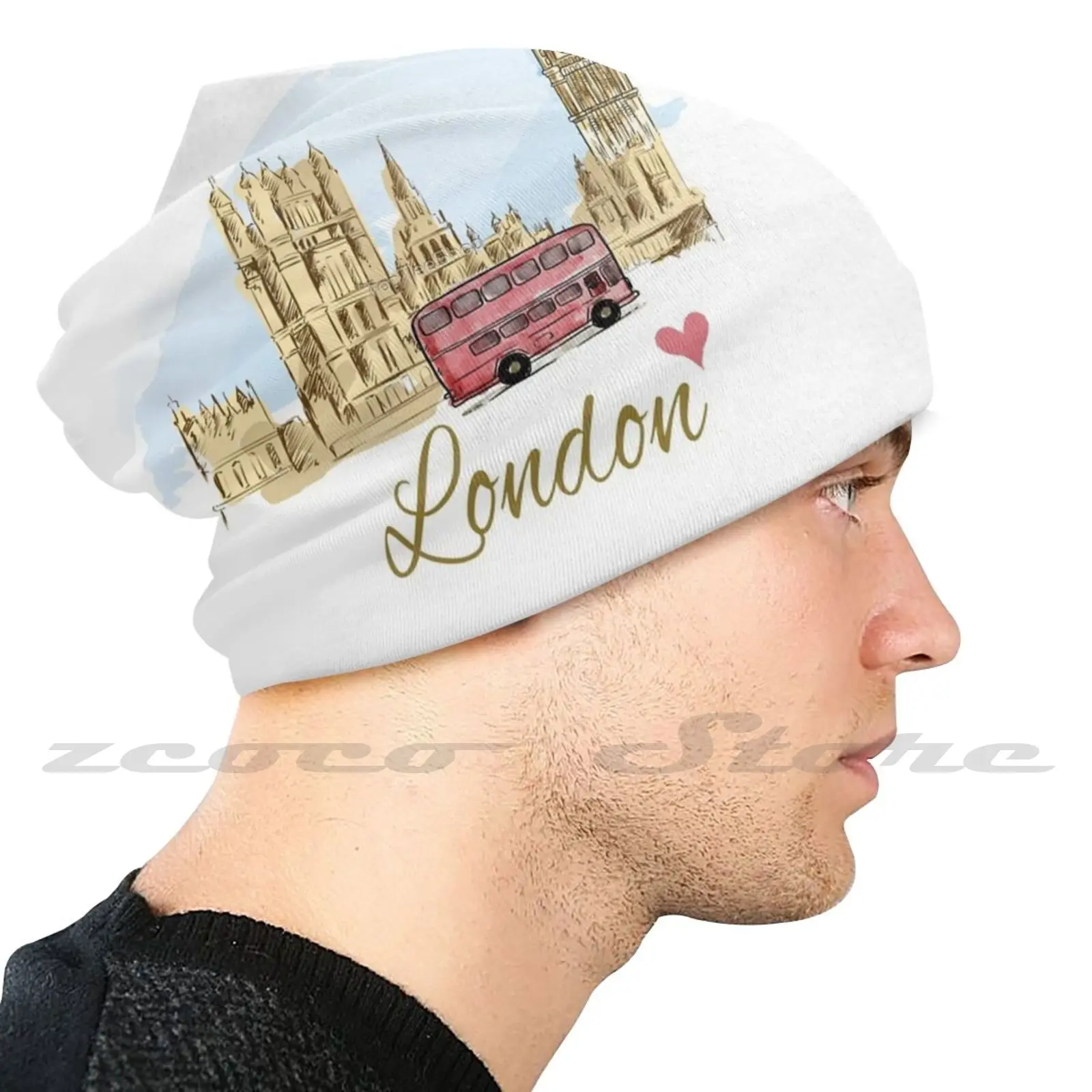 Vintage London Bridge United Kingdom Bus Retro British Souvenir Uk Big Ben Gift Knit Hat Elastic Soft Personalized Pattern